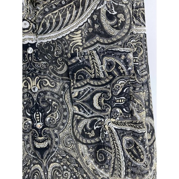 INC Black Paisley Long Sleeve Rhinestone Buttons Sheer Collared Top Shirt XL - Picture 3 of 14